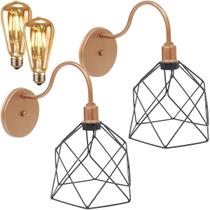 2 Luminárias Arandela de Parede Aramada Cálice Industrial Retro + 2 Lâmpadas Led ST64 Vintage