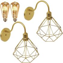 2 Luminárias Arandela de Parede Aramada Diamante P Industrial Retro + 2 Lâmpadas Led ST64 Vintage