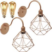 2 Luminárias Arandela de Parede Aramada Diamante P Industrial Retro + 2 Lâmpadas Led ST64 Vintage