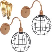 2 Luminárias Arandela de Parede Aramada Globo Industrial Retro + 2 Lâmpadas Led ST64 Vintage