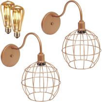 2 Luminárias Arandela de Parede Aramada Globo Industrial Retro + 2 Lâmpadas Led ST64 Vintage