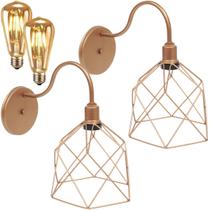 2 Luminárias Arandela Parede Aramada Cálice Industrial Retro + Lâmpadas Led Cobre Rose Gold