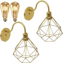 2 Luminárias Arandela Parede Aramada Diamante Industrial Retro + Lâmpadas Led Dourado