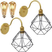 2 Luminárias Arandela Parede Aramada Diamante Industrial Retro + Lâmpadas Led Dourado/Preto
