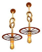 2 Luminárias Pendente Teto Roda Carroça Corda Rusticas Retro