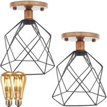 2 Lustre Teto Plafon + 2 Lâmpada Led Industrial Aramado Cálice Preto Retrô Vintage Cobre Rose Gold