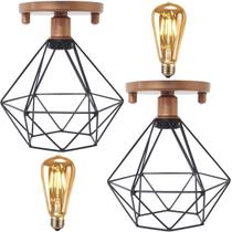 2 Lustre Teto Plafon + 2 Lâmpada Led Industrial Aramado Diamante Preto Retrô Vintage Cobre Rose Gold