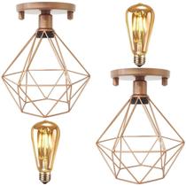 2 Lustre Teto Plafon + 2 Lâmpada Led St64 Industrial Aramado Diamante Retrô Vintage Cobre Rose Gold