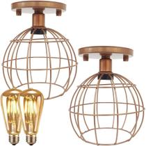 2 Lustre Teto Plafon + 2 Lâmpada Led St64 Industrial Aramado Globo Retrô Vintage Cobre Rose Gold