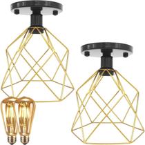 2 Lustres Teto Plafon + 2 Lâmpadas Led St64 Industrial Aramado Cálice Dourado Retrô Vintage Preto 2 Lustres Teto Plafon + 2 Lâmpadas Led St64 Industrial Aramado Cálice Dourado Retrô Vintage Preto