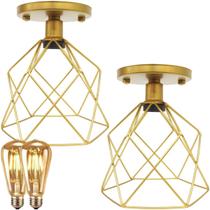 2 Lustres Teto Plafon + 2 Lâmpadas Led St64 Industrial Aramado Cálice Retrô Vintage Dourado 2 Lustres Teto Plafon + 2 Lâmpadas Led St64 Industrial Aramado Cálice Retrô Vintage Dourado
