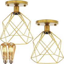 2 Lustres Teto Plafon + 2 Lâmpadas Led St64 Industrial Aramado Cálice Retrô Vintage Dourado