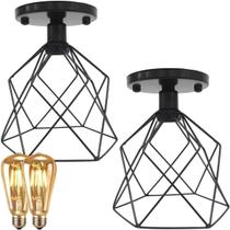 2 Lustres Teto Plafon + 2 Lâmpadas Led St64 Industrial Aramado Cálice Retrô Vintage Preto