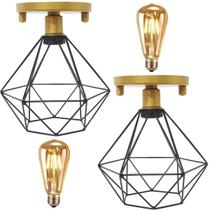 2 Lustres Teto Plafon + 2 Lâmpadas Led St64 Industrial Aramado Diamante Preto Retrô Vintage Dourado