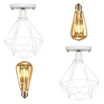 2 Lustres Teto Plafon + 2 Lâmpadas Led St64 Industrial Aramado Diamante Retrô Vintage Branco