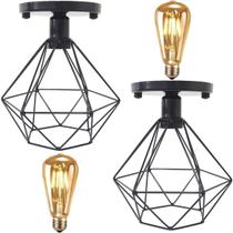 2 Lustres Teto Plafon + 2 Lâmpadas Led St64 Industrial Aramado Diamante Retrô Vintage Preto