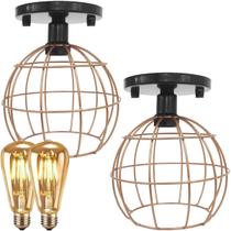 2 Lustres Teto Plafon + 2 Lâmpadas Led St64 Industrial Aramado Globo Cobre Rose Gold Vintage Preto