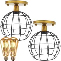 2 Lustres Teto Plafon + 2 Lâmpadas Led St64 Industrial Aramado Globo Preto Retrô Vintage Dourado