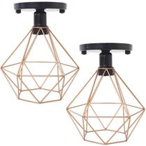 2 Lustres Teto Plafon Industrial Aramado Diamante Cobre Rose Retrô Luminária Vintage Preto Agp Ilumi