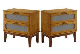 2 mesa de cabeceira para quarto cama casal/queen decoração moderna santorini 60cm 2 gavetas esposas c/ tela indiana