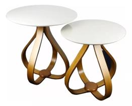 2 Mesas De Canto Coroa Laqueada Base Madeira Laminada Cebola Off