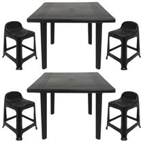 2 Mesas Quadradas Desmontáveis de Plástico 90cm Preta + 4 Banquetas Com Encosto