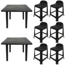 2 Mesas Quadradas Desmontáveis de Plástico 90cm Preta + 6 Banquetas Com Encosto