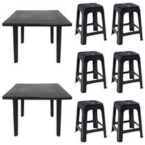 2 Mesas Quadradas Desmontáveis de Plástico 90cm Preta + 6 Banquetas Empilháveis