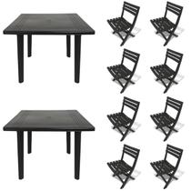 2 Mesas Quadradas Desmontáveis de Plástico 90cm Preta + 8 Cadeiras Dobráveis