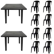 2 Mesas Quadradas Desmontáveis de Plástico 90cm Preta + 8 Cadeiras Vime Empilhável