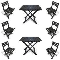 2 Mesas Quadradas Dobráveis 80x72cm Preta + 6 Cadeiras Dobráveis Bistrô