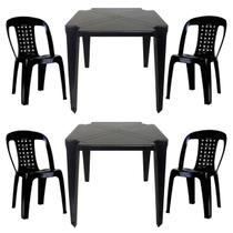 2 Mesas Quadradas Plástico Monobloco 70cm Preta + 4 Cadeiras Vime Empilhável