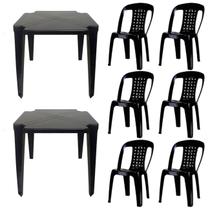 2 Mesas Quadradas Plástico Monobloco 70cm Preta + 6 Cadeiras Vime Empilhável