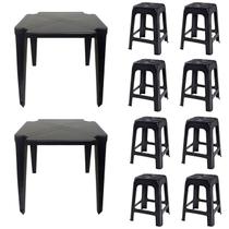 2 Mesas Quadradas Plástico Monobloco 70cm Preta + 8 Banquetas Empilháveis