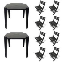 2 Mesas Quadradas Plástico Monobloco 70cm Preta + 8 Cadeiras Dobráveis