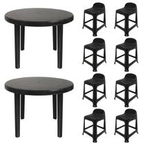2 Mesas Redondas Desmontáveis de Plástico 94cm Preta + 8 Banquetas Com Encosto 2 Mesas Redondas Desmontáveis de Plástico 94cm Preta + 8 Banquetas Com Encosto