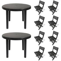 2 Mesas Redondas Desmontáveis de Plástico 94cm Preta + 8 Cadeiras Dobráveis