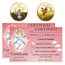 2 Moeda Fada Do Dente Leite Tooth Fairy + 2 Certificado Dentinho Bebe Baby Colorida mod4.6