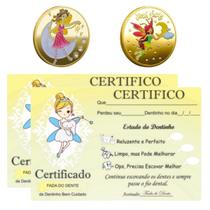 2 Moeda Fada Do Dente Leite Tooth Fairy + 2 Certificado Dentinho Bebe Baby Colorida mod5.6