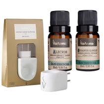 2 Oleos Essencial - Alecrim e Eucaliptus + Aromatizador Original Porcelana Bivolt - Kit