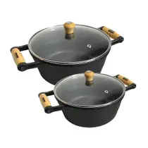 2 Panela De Ferro Grande Caçarola Alça Madeira Tampa Vidro