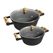 2 Panela De Ferro Grande Caçarola Alça Madeira Tampa Vidro
