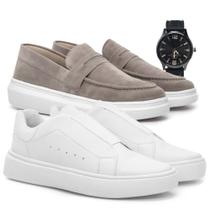 2 Pares Sapato Mocassim e Sapatenis Masculino Social Camurça Couro Calce Elástico e Relógio