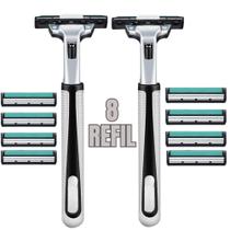 2 Pcs Aparelho de Barbear Lâmina Dupla C/ 8 Cartuchos Fita Lubrificante Antialérgico Refil Multiuso