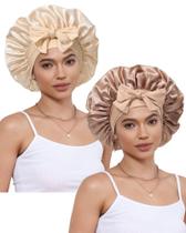 2 peças de chapéu de cetim para mulheres que dormem, envoltório de cabelo acetinado com elástico, boné noturno para cabelos encaracolados (café+champanhe)