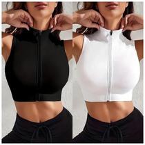 2 peças Set Close-fitting respirável Sexy Yoga Zipper Exercício Fitness Vest Top das mulheres