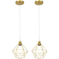 2 Pendente Aramado Diamante Luminárias Lustre Cabo Cristal Teto Retrô Dourado AgpIlumini