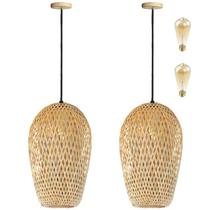 2 Pendente Bambu Fibra Natural Artesanal Balcao Nat63 + Led
