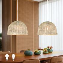 2 Pendente Boho Fibra Natural Junco Lanchonete Nat49 + Led