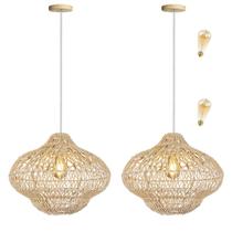 2 Pendente Fibra Natural Artesanal Rattan Boho Nat60 + Led